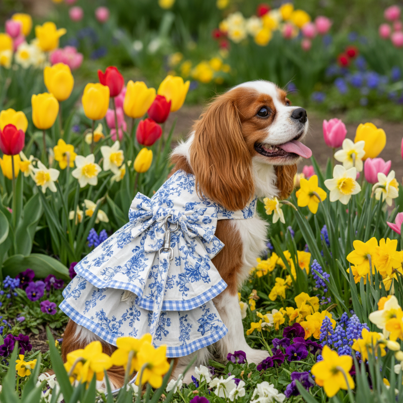 French Blue Toile Garden Dog Harness Dress & Leash Set