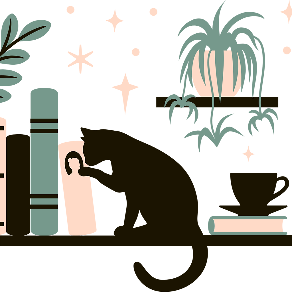 Book Shelves With Kitty and Plants Glass Cups