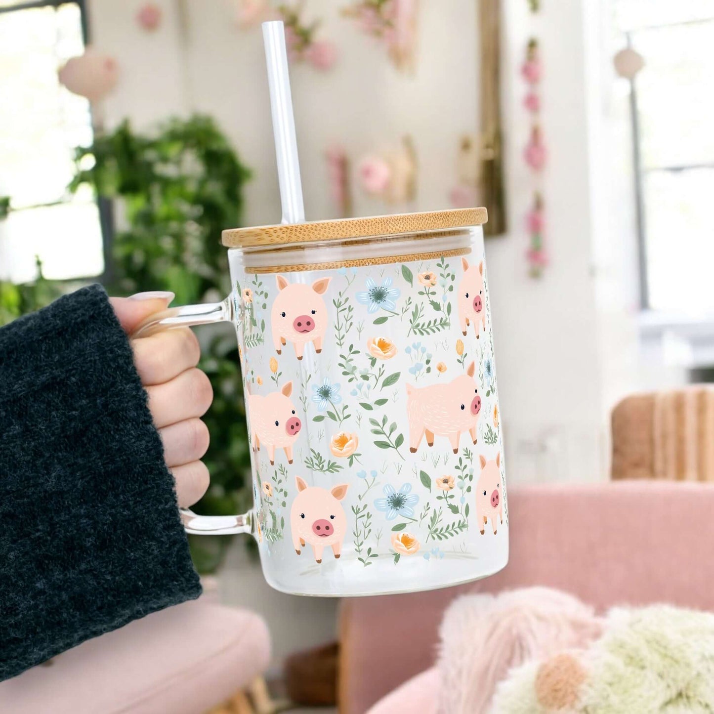 Piggy Floral 17oz Mug With Lid and Straw