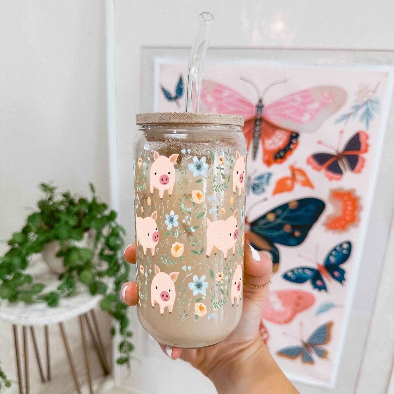 Piggy Floral Cup With Lid and Straw