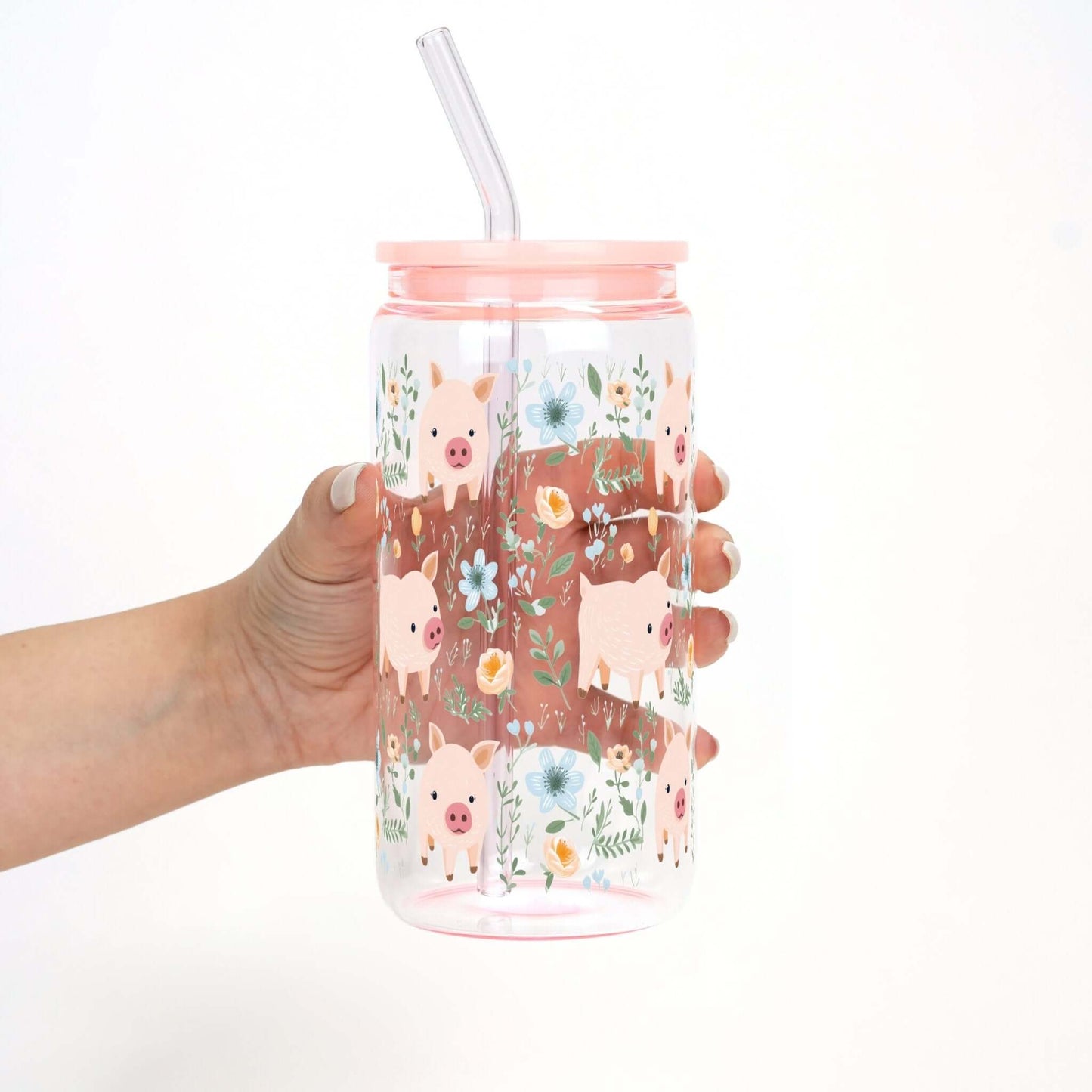 Piggy Floral Cup With Lid and Straw