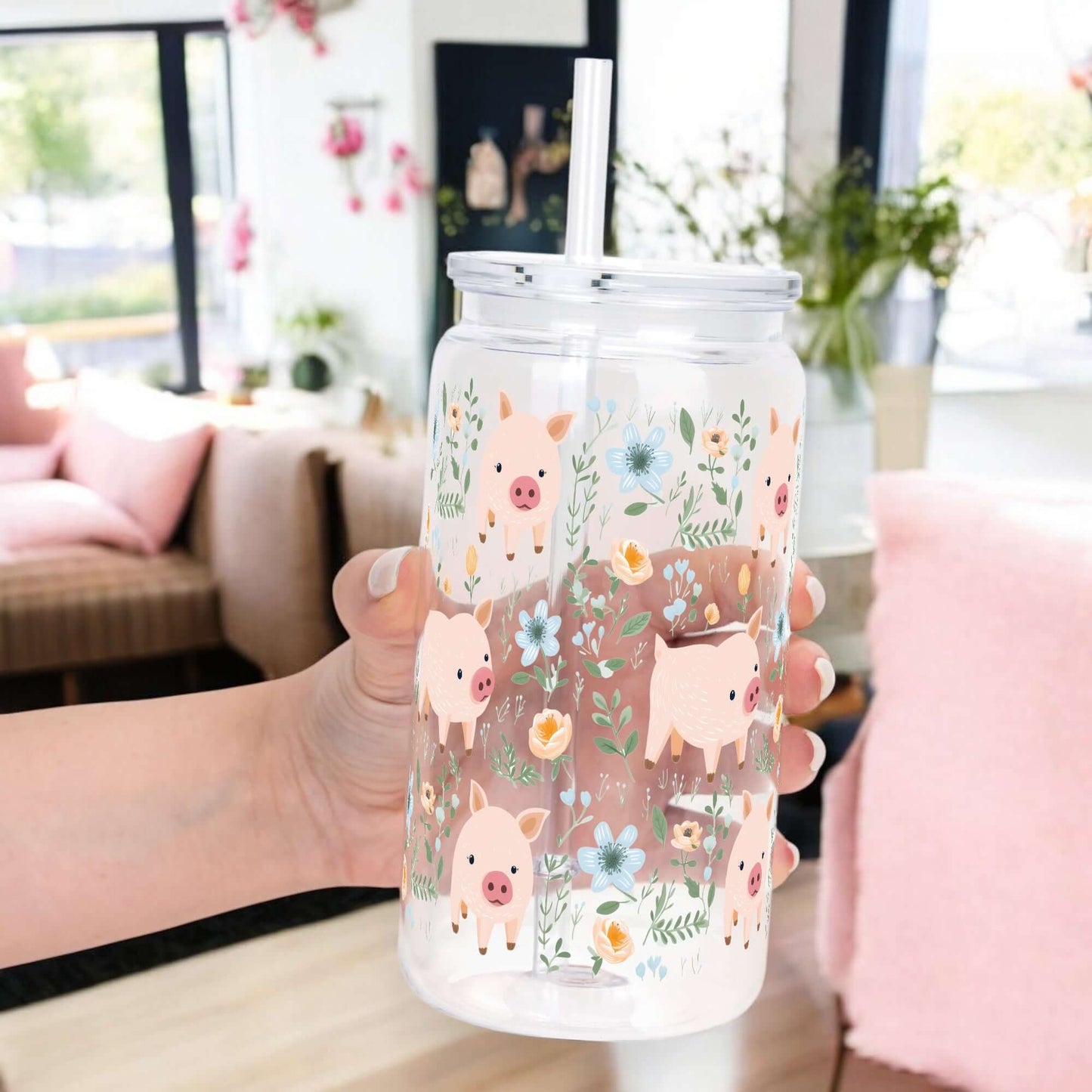 Piggy Floral Cup With Lid and Straw