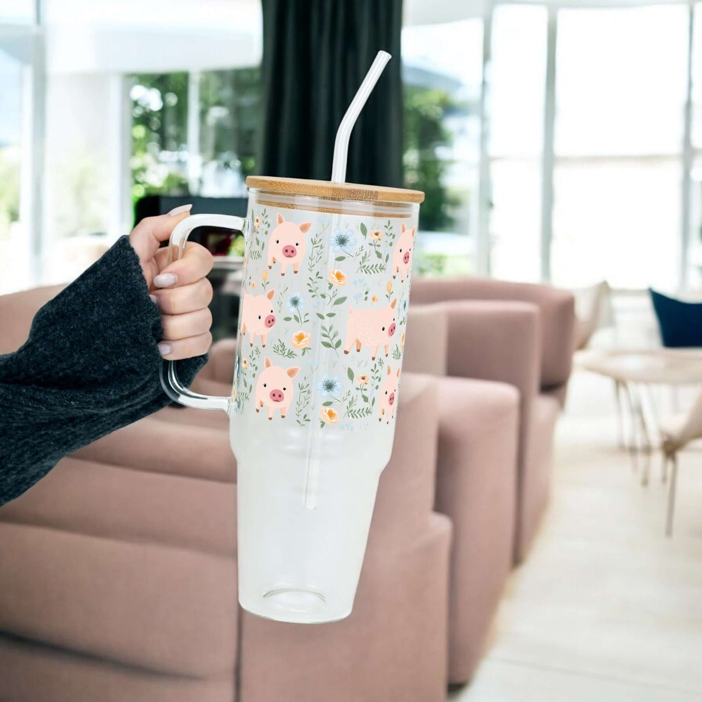 Piggy Floral Tumbler With Handle Lid and Straw