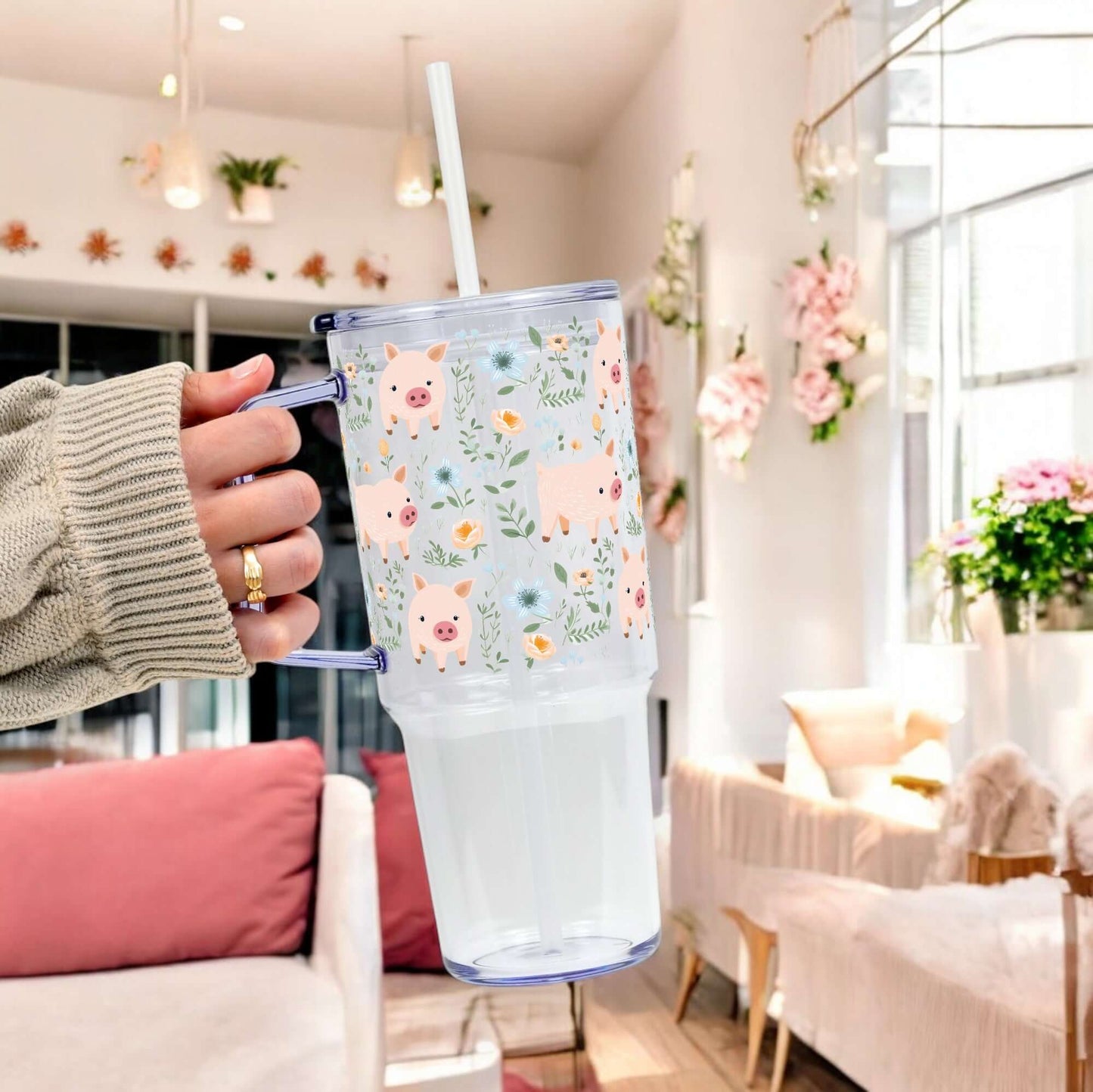 Piggy Floral Tumbler With Handle Lid and Straw