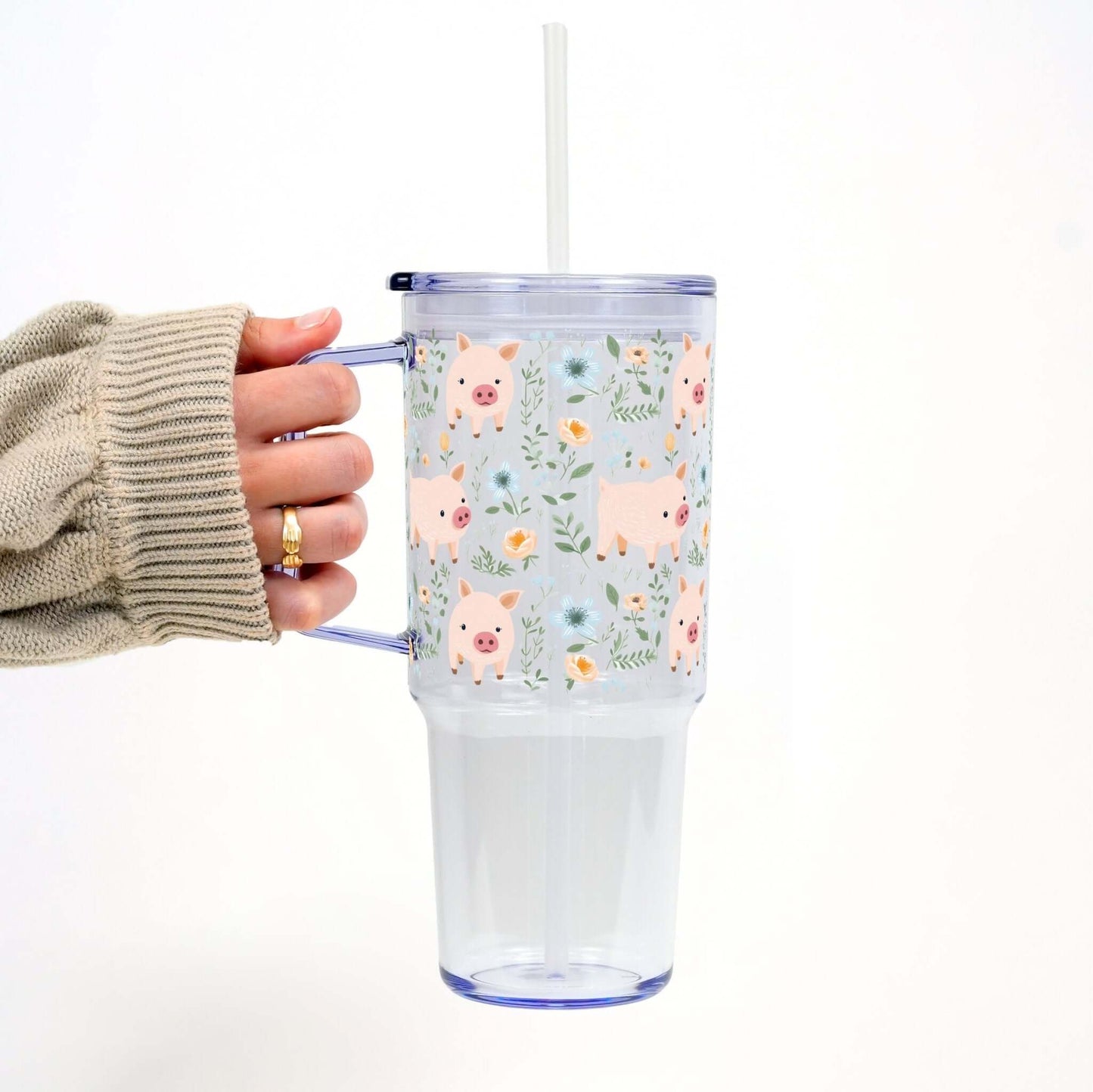 Piggy Floral Tumbler With Handle Lid and Straw