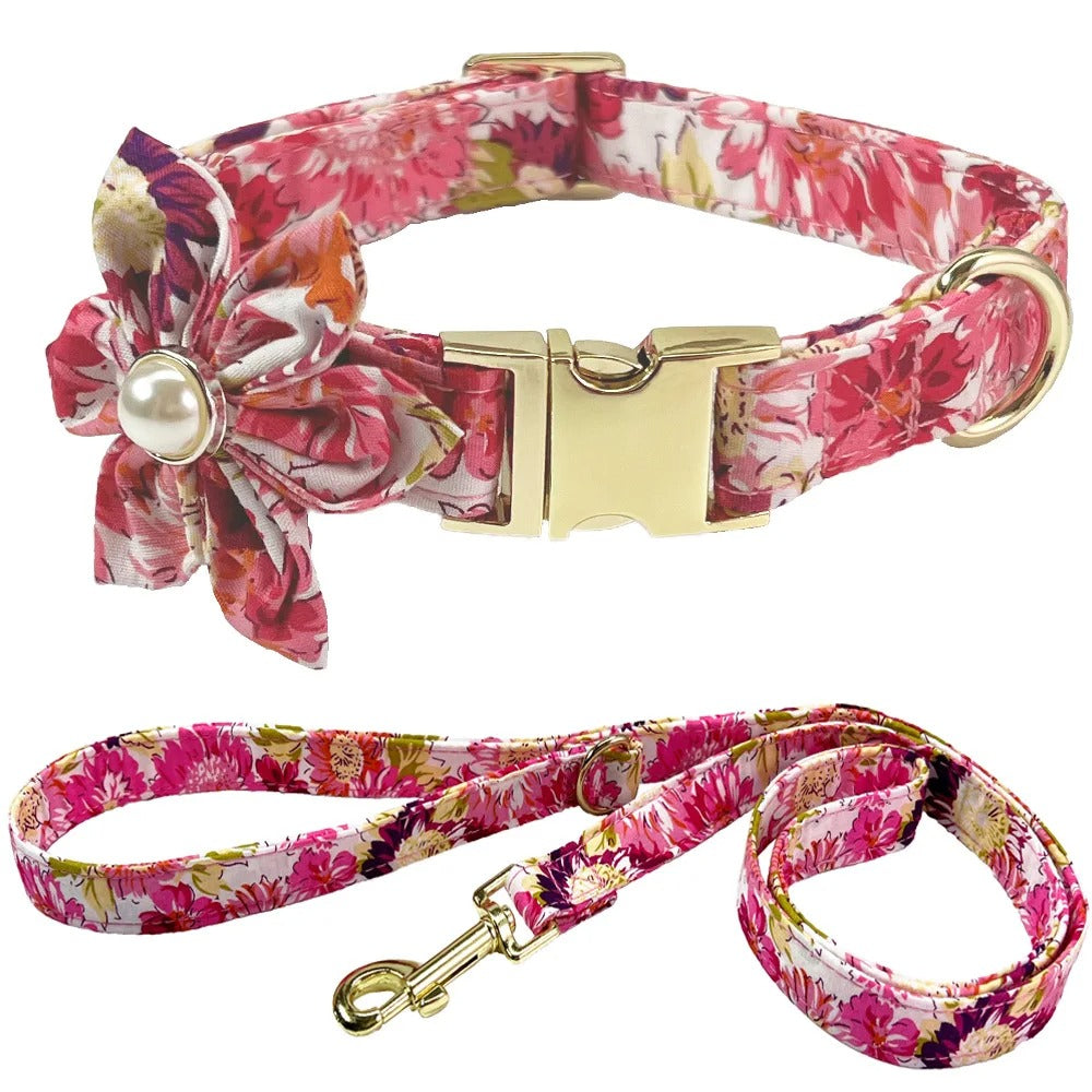 Pink Rose Flower Dog Collar & Leash Set  | Personalized Free