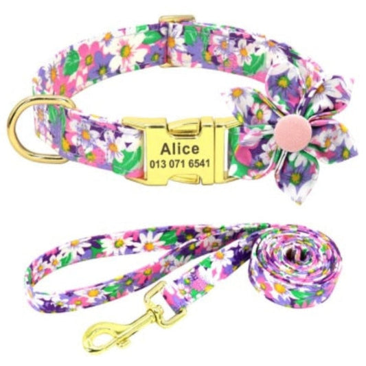 Purple Daisy Flower Dog Collar & Leash Set | Personalized Free