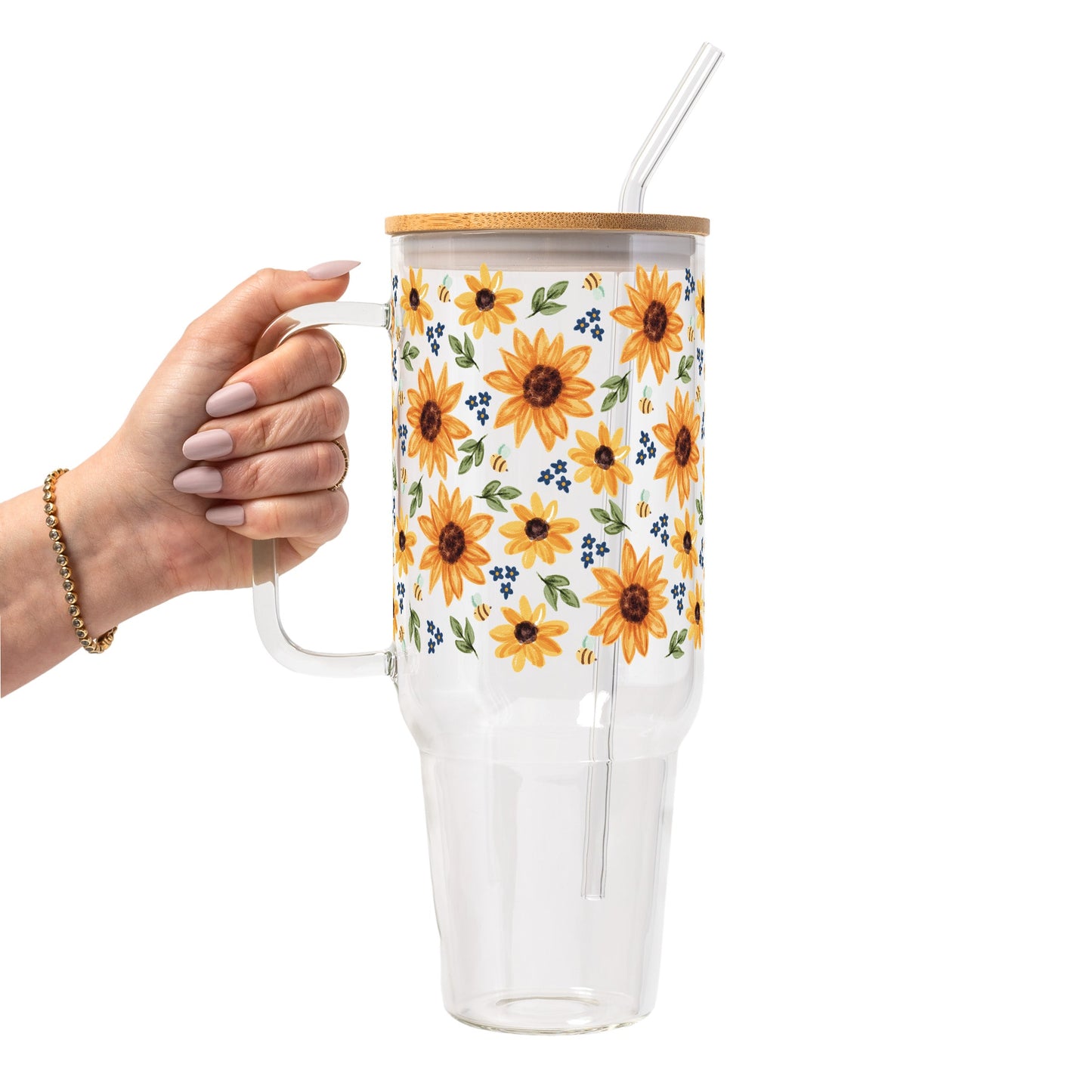 Sunflower With Bees Glass Cup, Mug & Tumbler with Lid and Straw