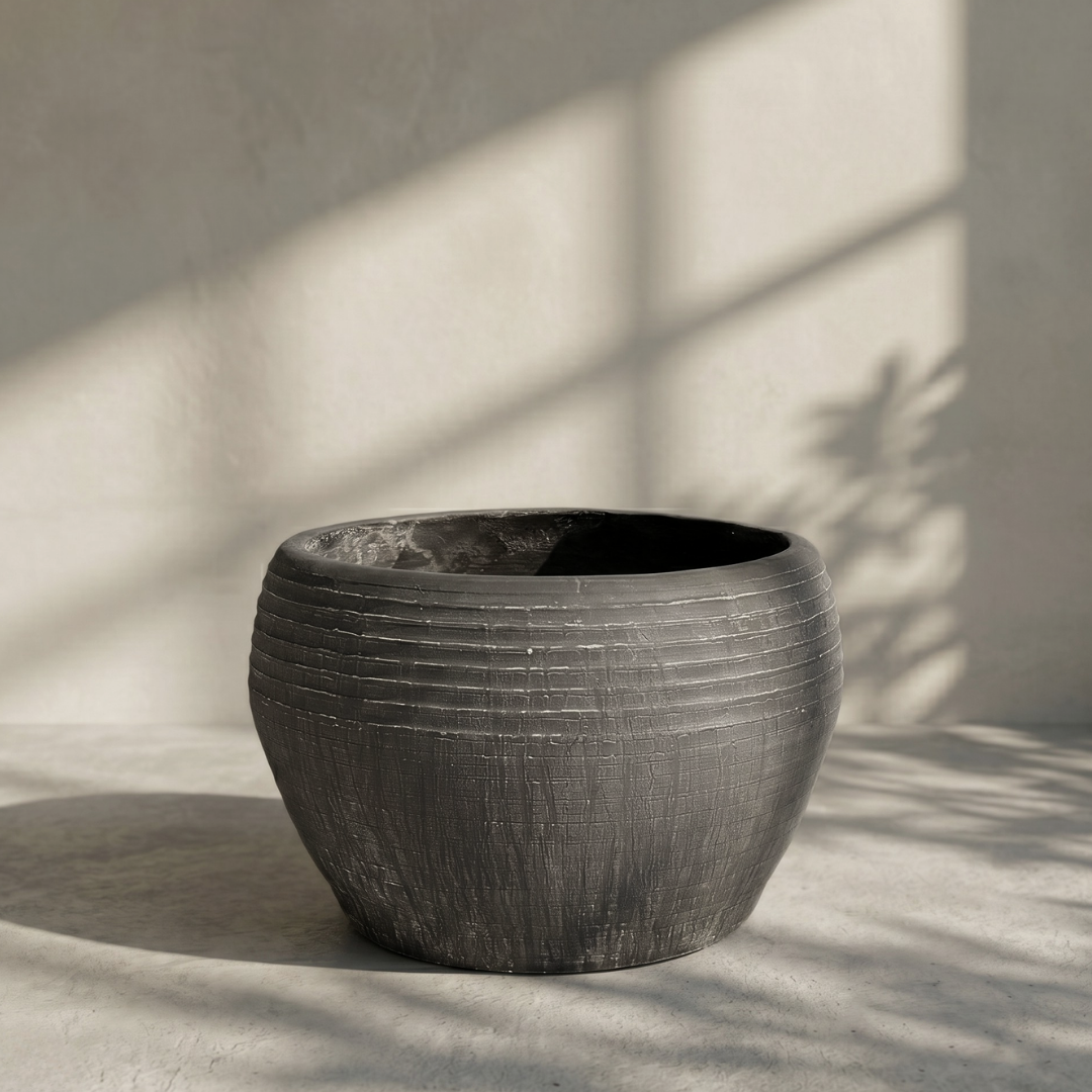 Sahara Fiber Clay Planter, Hand-painted in Earthly Gray, 19.6"D x 13"H