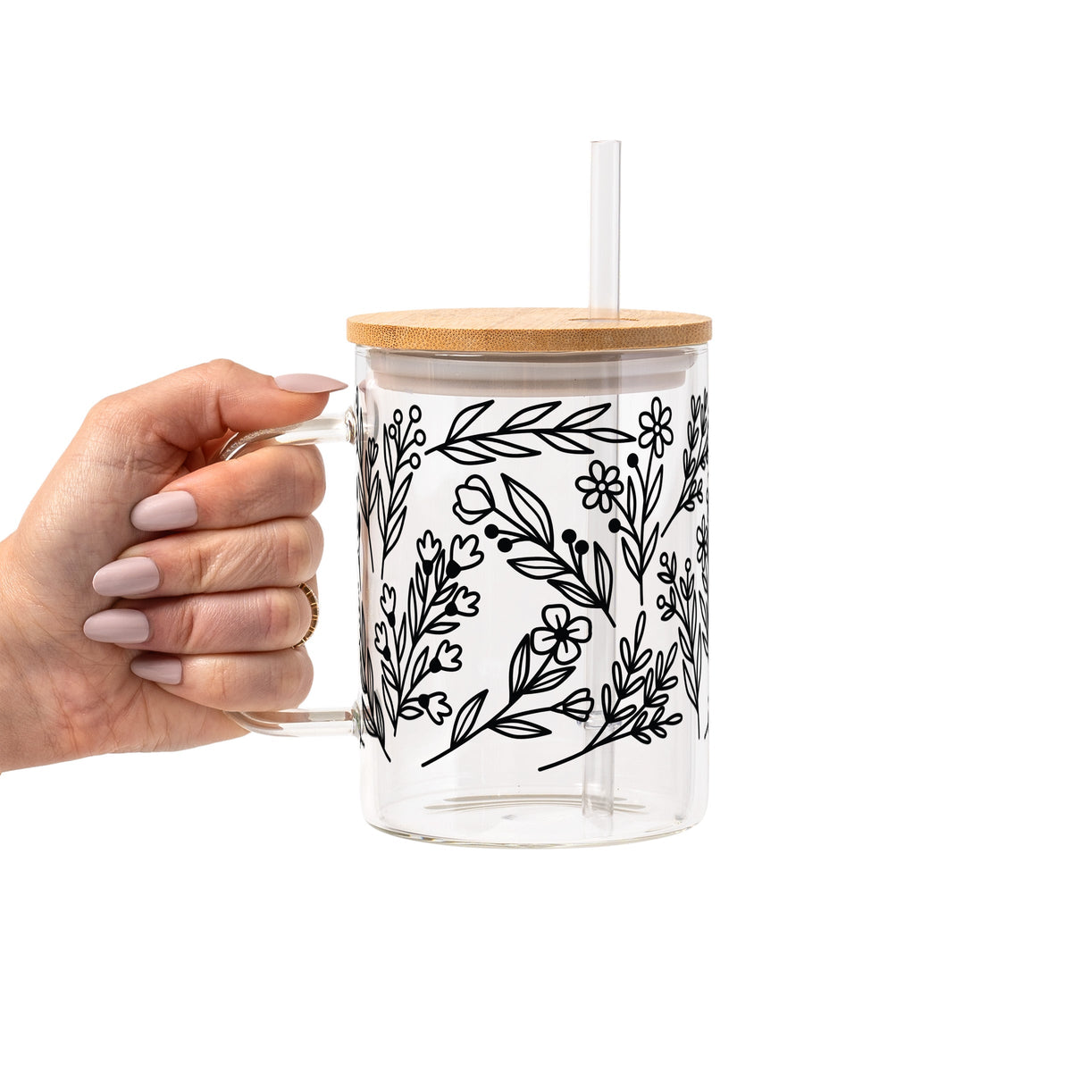 Black Floral Botanical Glass Cups
