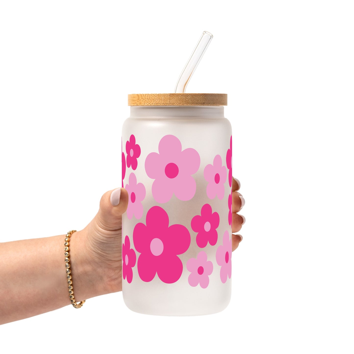 Retro Pink Daisy Floral Glass Cups