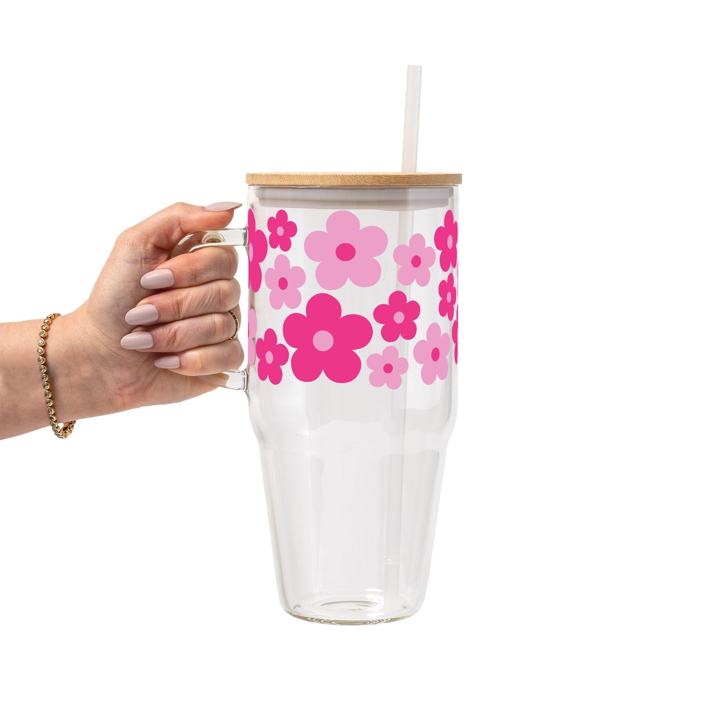 Retro Pink Daisy Floral Glass Cups