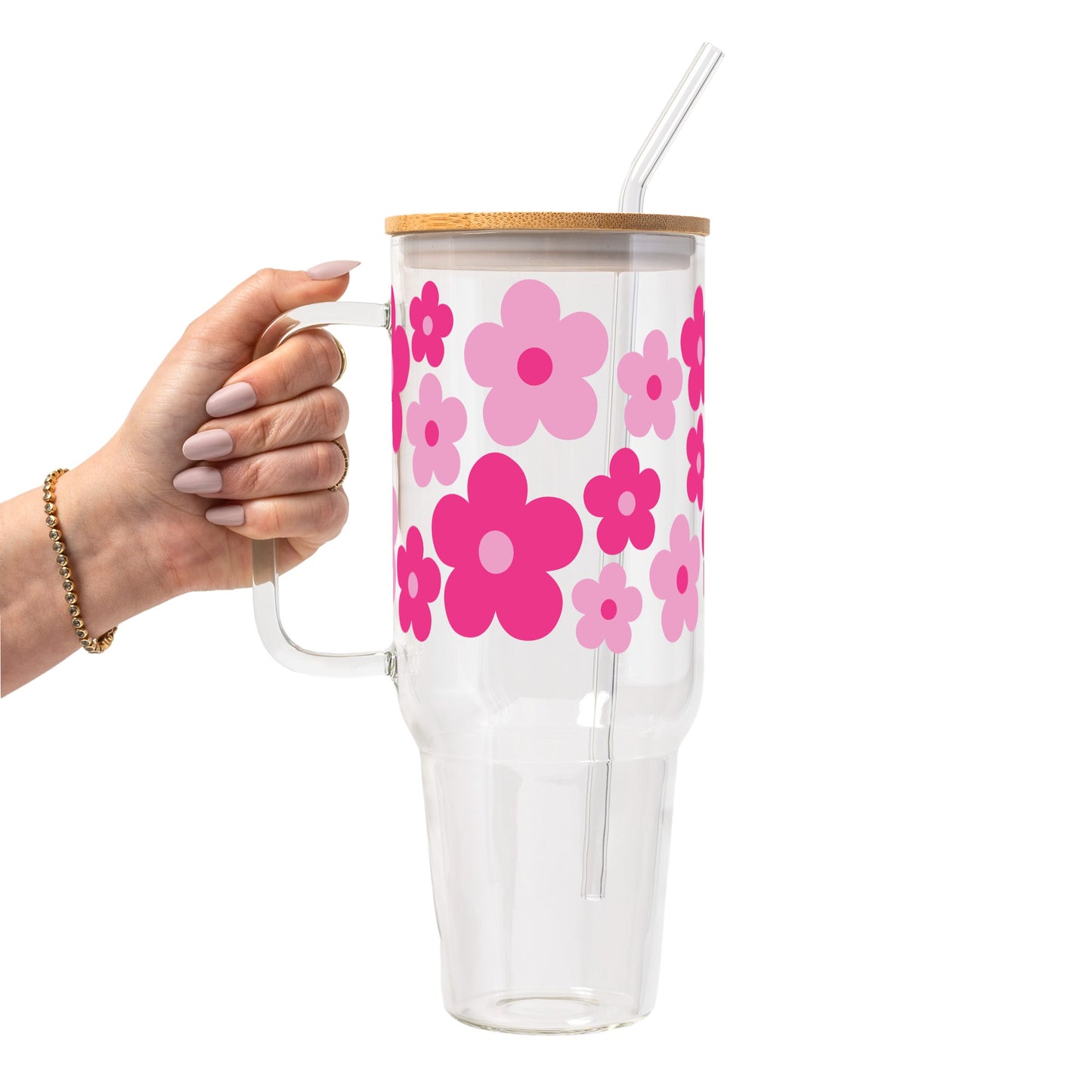 Retro Pink Daisy Floral Glass Cups