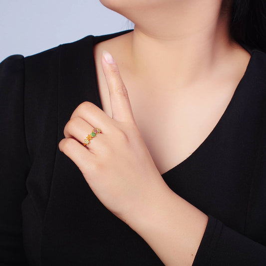 Multicolor CZ Crystal Stone Flower Gold Open Ring O2133