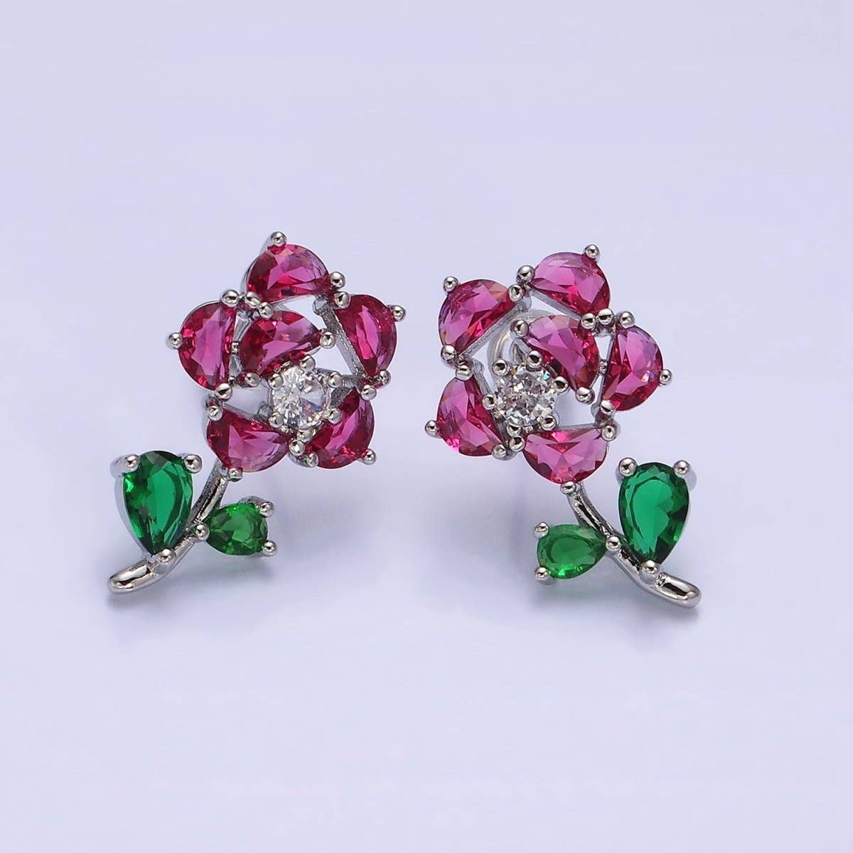 16K Gold Filled Clear, Fuchsia, Pink CZ Flower Leaf Multicolor Stud Earrings in Gold & Silver | AD1018 - AD1023