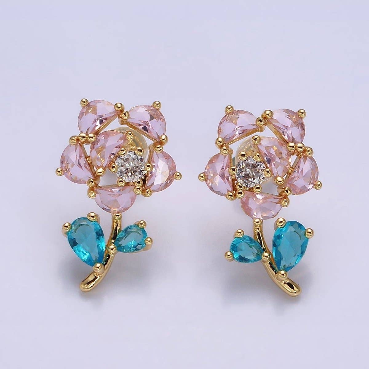 16K Gold Filled Clear, Fuchsia, Pink CZ Flower Leaf Multicolor Stud Earrings in Gold & Silver | AD1018 - AD1023