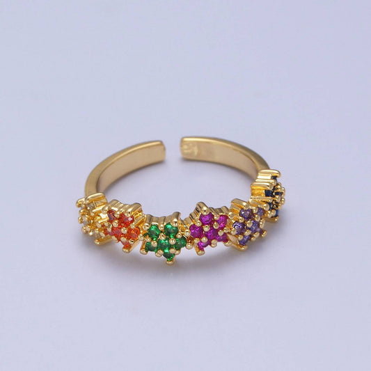 Multicolor CZ Crystal Stone Flower Gold Open Ring O2133