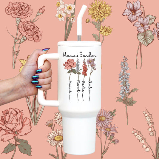 Birth Flower Garden 40oz Metal Tumbler With Lid and Straw