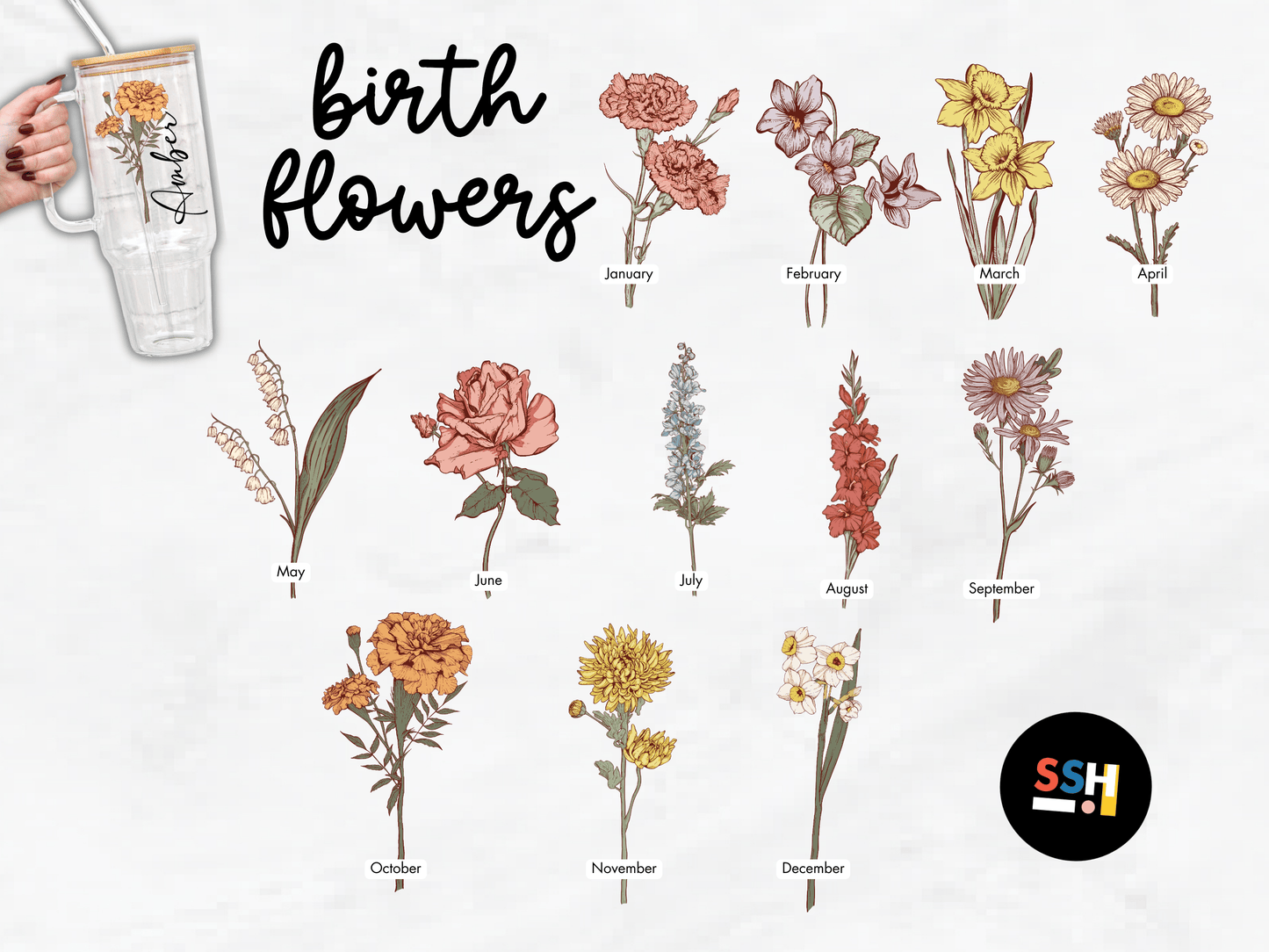 Personalized Color Birth Flower Cup with Lid and Straw