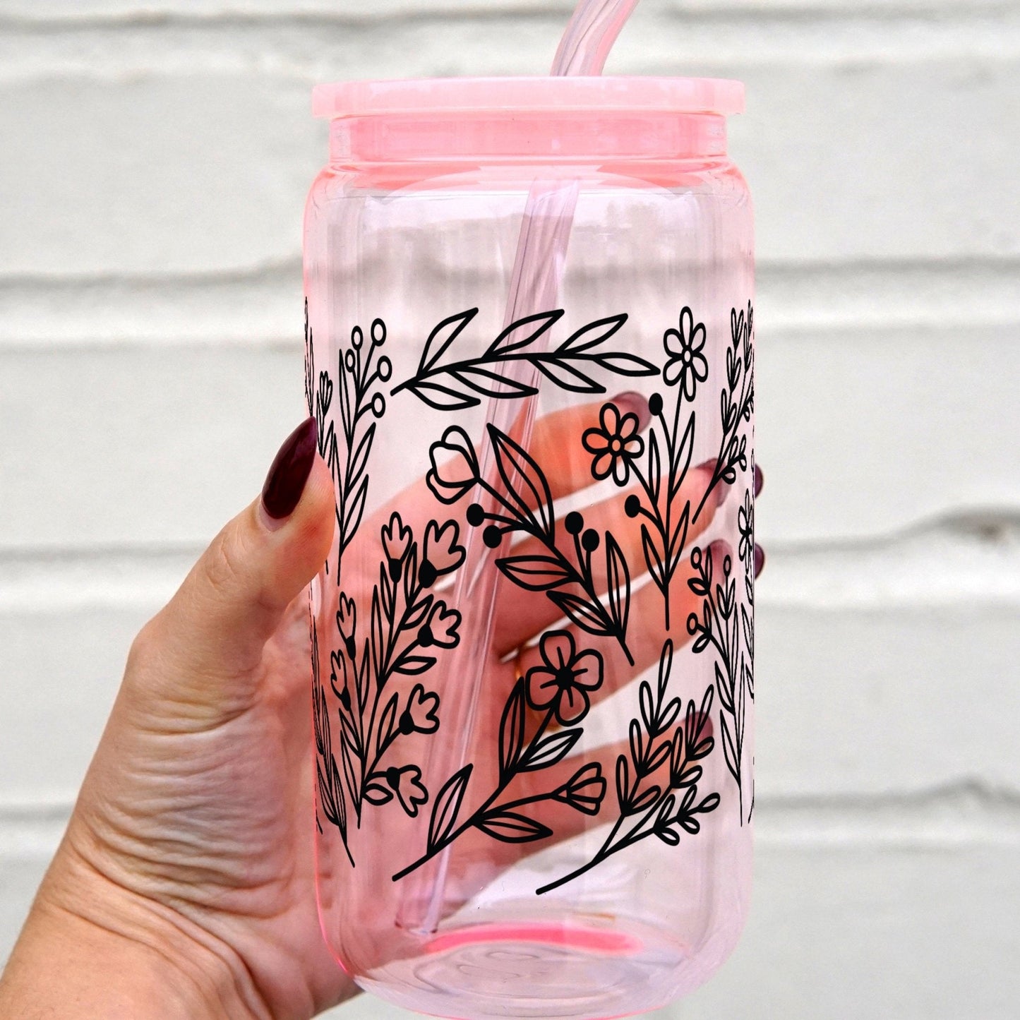 Black Flowers Can Cup With Lid and Straw