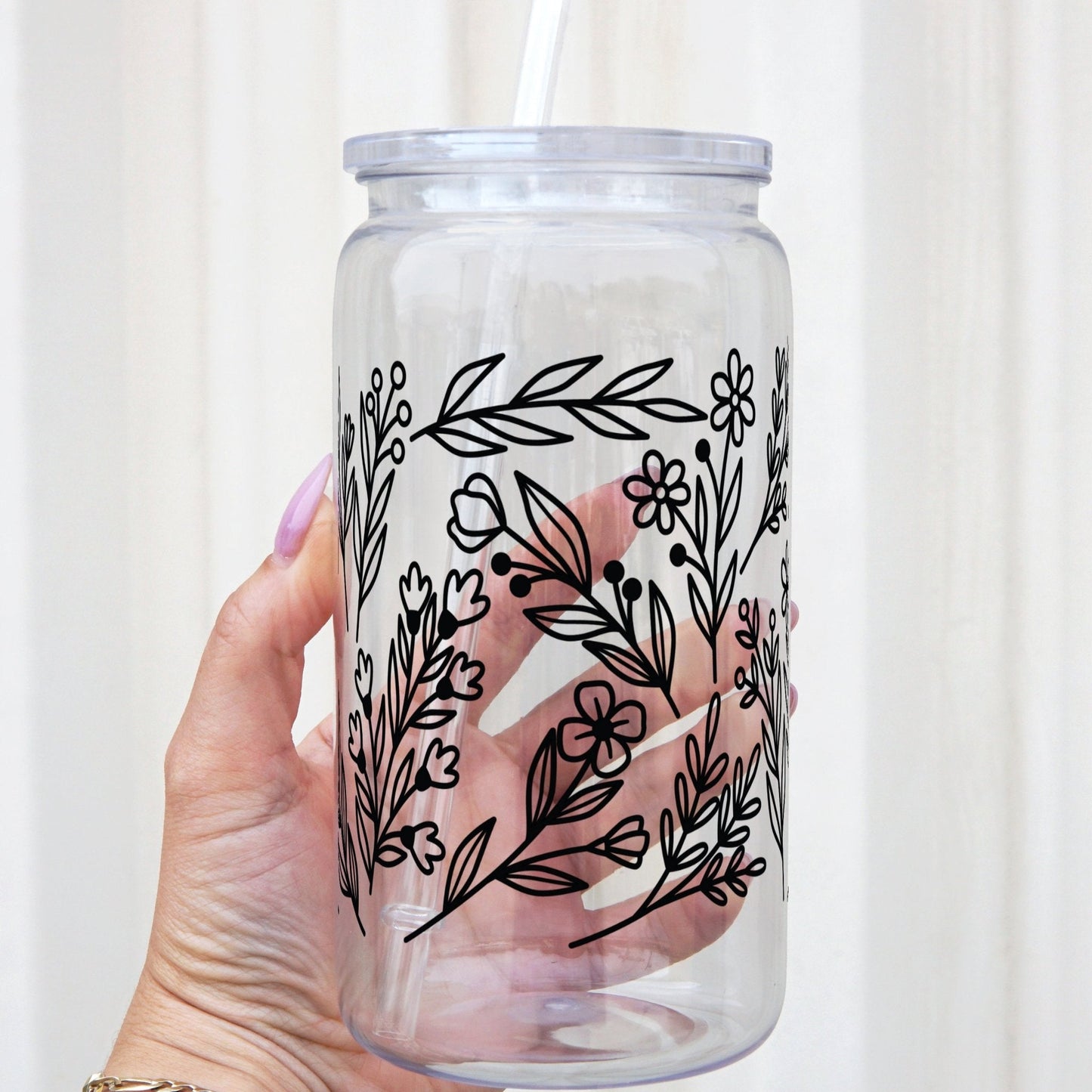 Black Flowers Can Cup With Lid and Straw