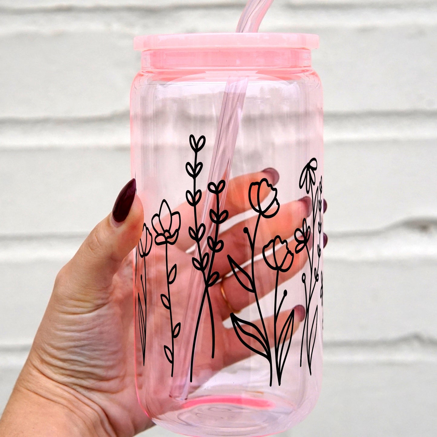 Black Wildflower Cup With Lid and Straw