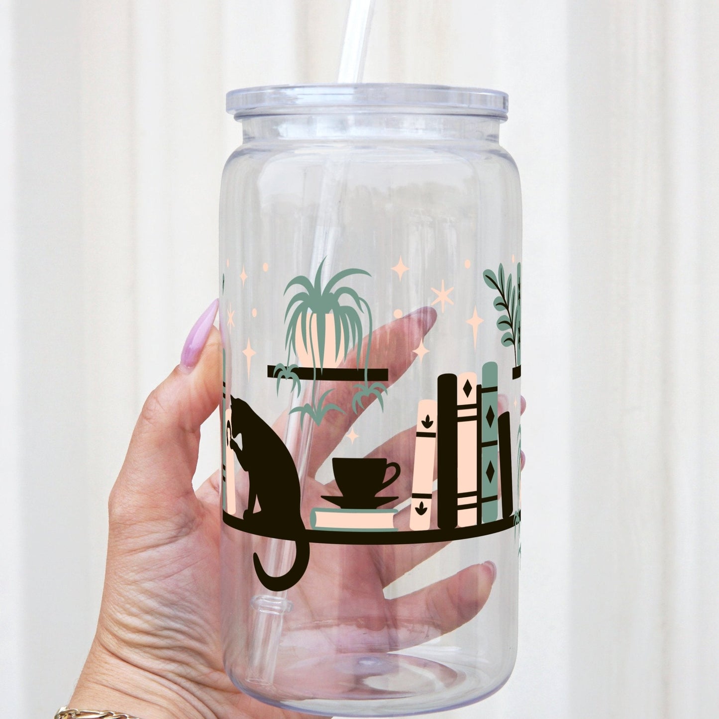 Book Shelves With Kitty and Plants Cup With Lid and Straw