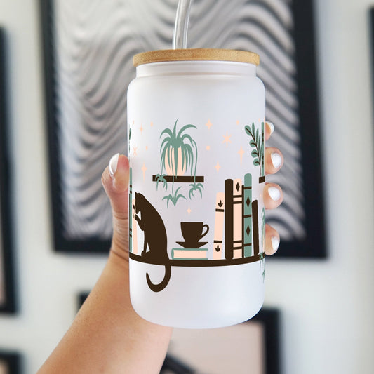 Book Shelves With Kitty and Plants Cup With Lid and Straw