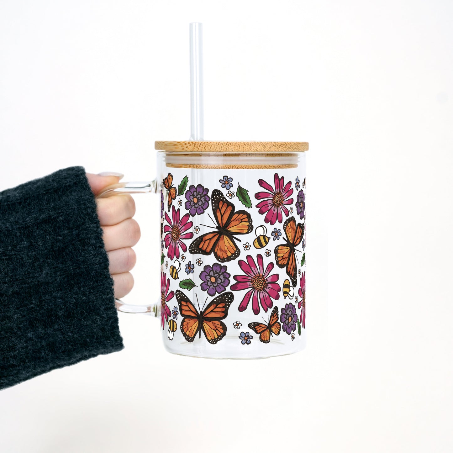 Butterfly Garden 17oz Glass Mug With Lid and Straw