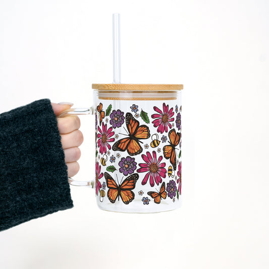Butterfly Garden 17oz Glass Mug With Lid and Straw