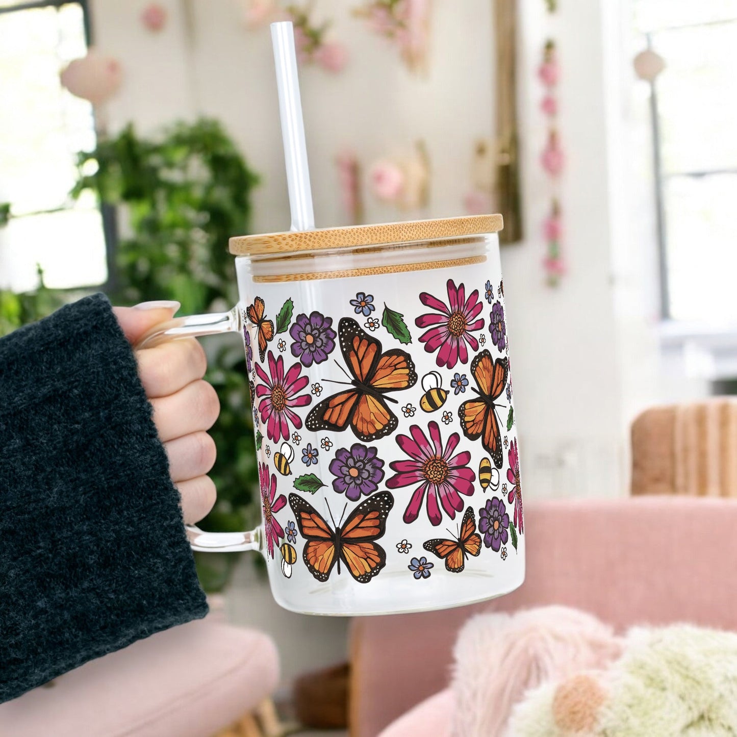 Butterfly Garden 17oz Glass Mug With Lid and Straw