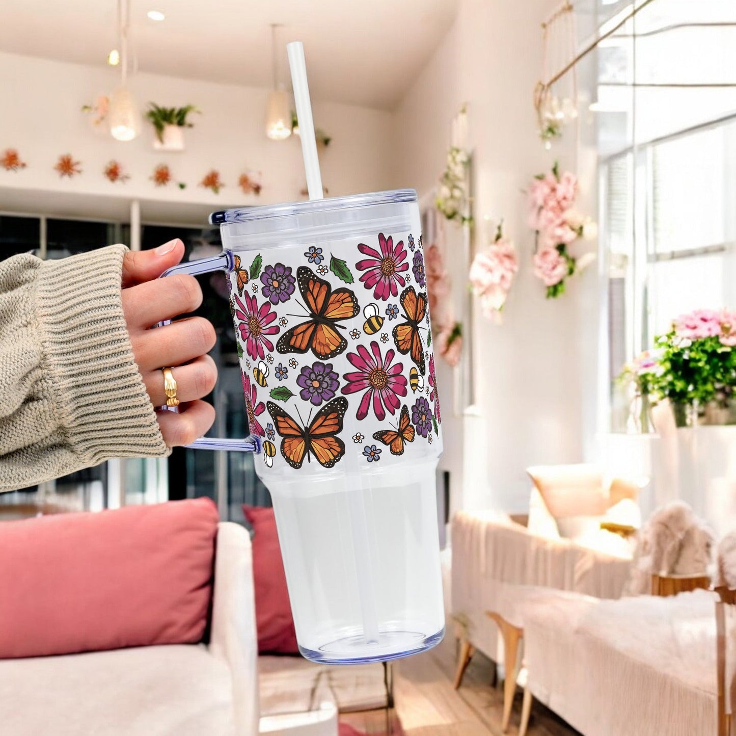 Butterfly Garden 40oz Glass or Plastic Tumbler With Lid and Straw