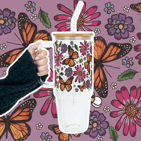 Butterfly Garden 40oz Glass or Plastic Tumbler With Lid and Straw