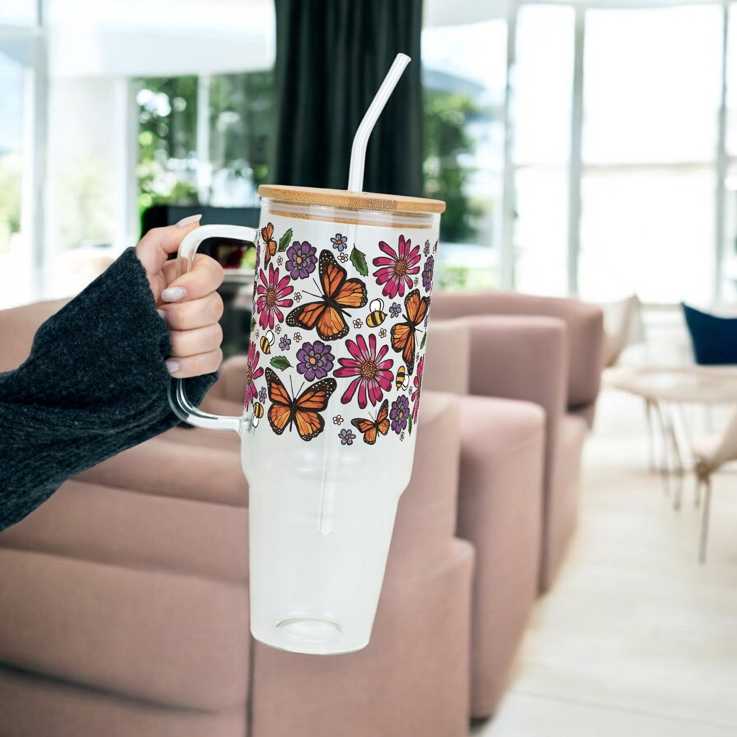 Butterfly Garden 40oz Glass or Plastic Tumbler With Lid and Straw