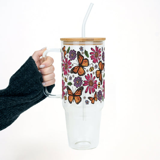 Butterfly Garden 40oz Glass or Plastic Tumbler With Lid and Straw
