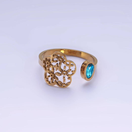 Stainless Steel Blue CZ Bezel Open Flower Filigree Wrap Ring
