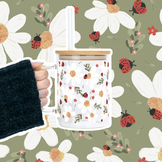 Daisy & Ladybug 17oz Glass Mug With Lid and Straw