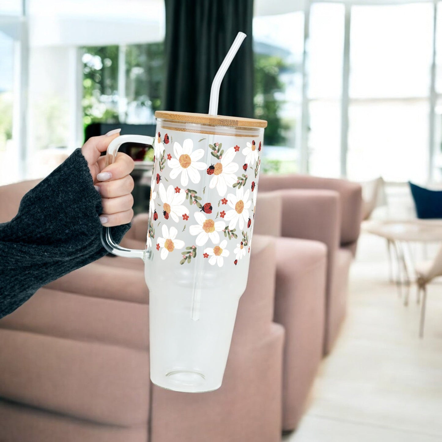 Daisy & Ladybug 40oz Glass or Plastic Tumbler With Lid and Straw