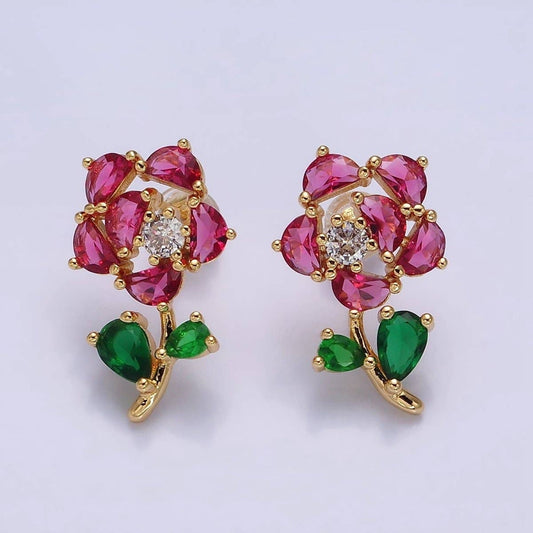 16K Gold Filled Clear, Fuchsia, Pink CZ Flower Leaf Multicolor Stud Earrings in Gold & Silver | AD1018 - AD1023