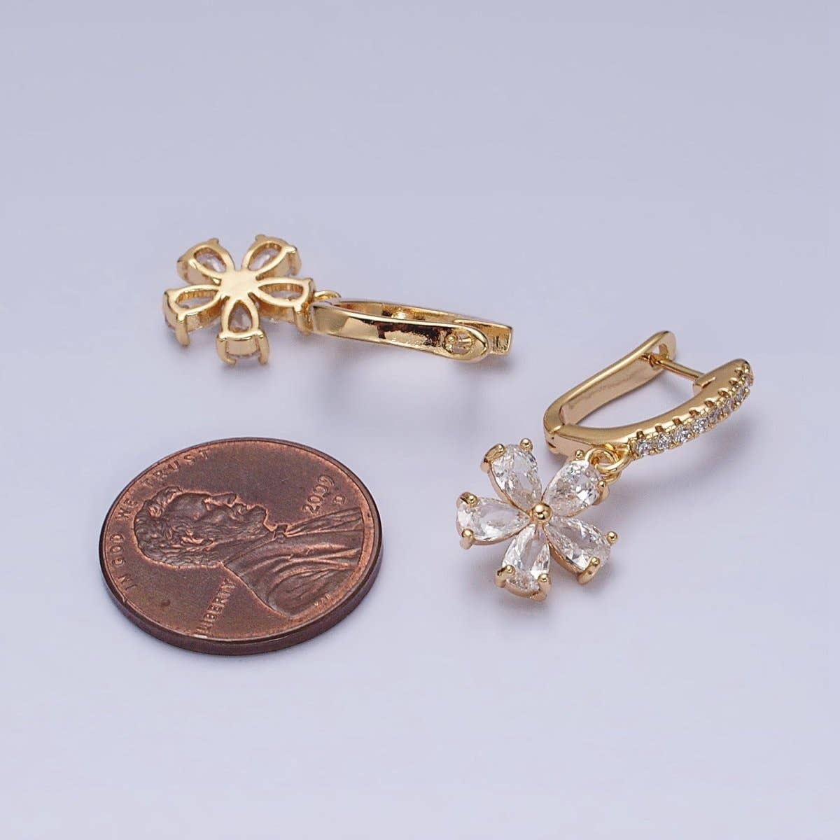 16K Gold Filled Clear Flower Baguette Drop Micro Paved English Lock Earrings in Gold & Silver | AD927 AD928