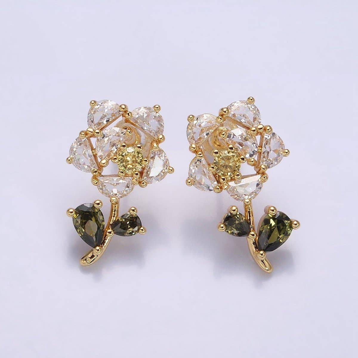 16K Gold Filled Clear, Fuchsia, Pink CZ Flower Leaf Multicolor Stud Earrings in Gold & Silver | AD1018 - AD1023