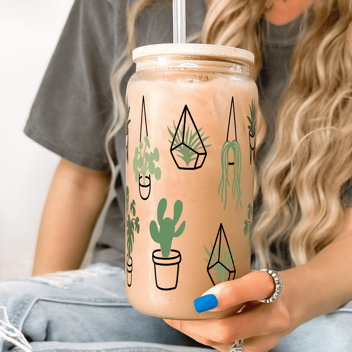 Greenery Plants Glass Can With Lid and Straw