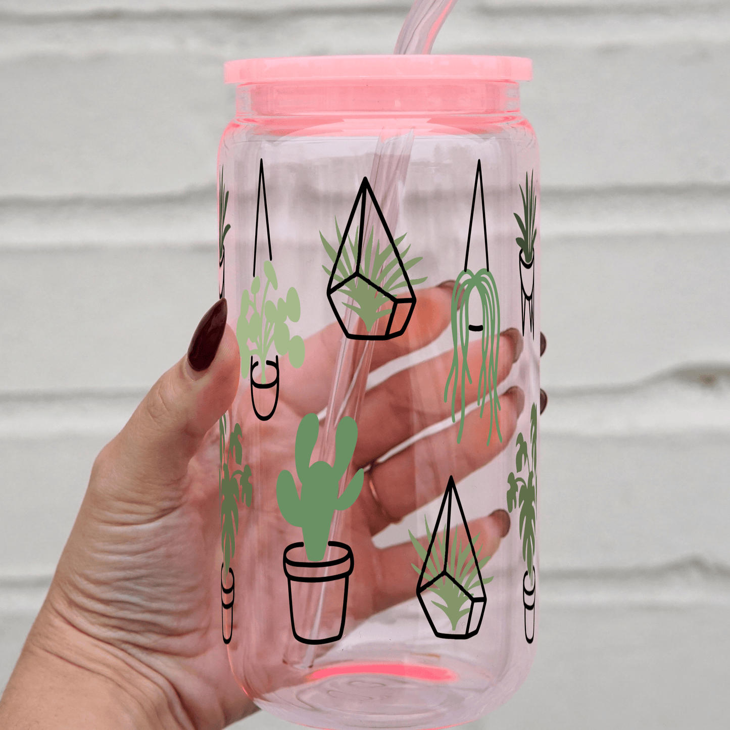 Greenery Plants Glass Can With Lid and Straw