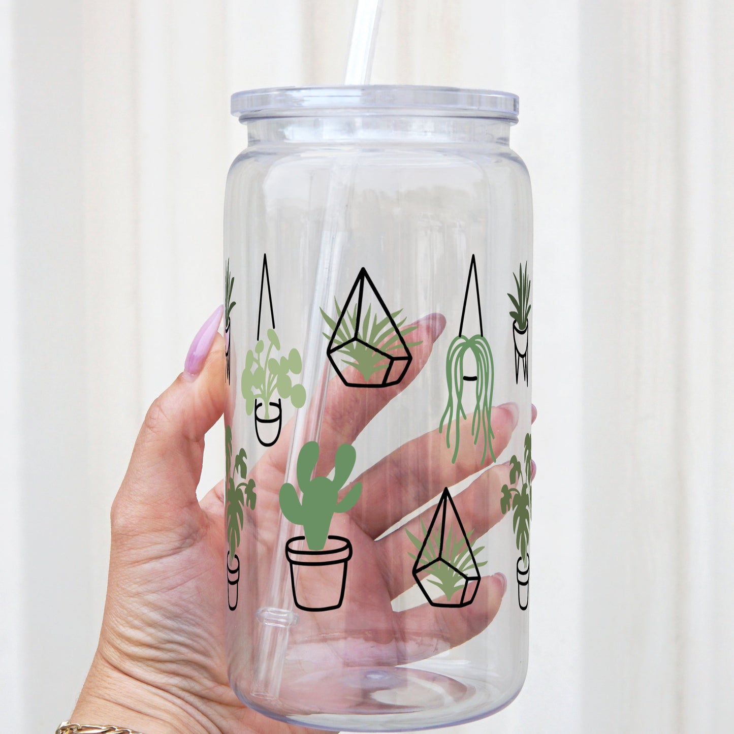 Greenery Plants Glass Can With Lid and Straw