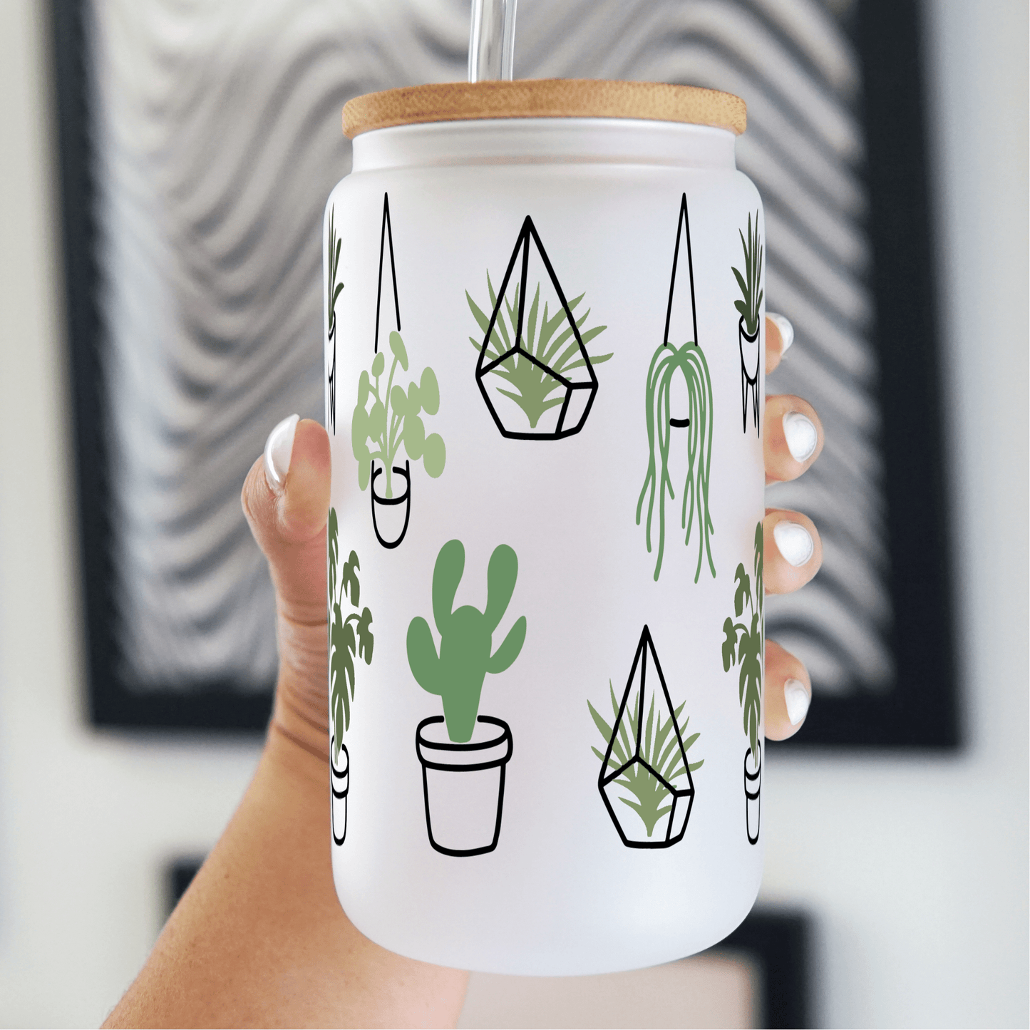 Greenery Plants Glass Can With Lid and Straw