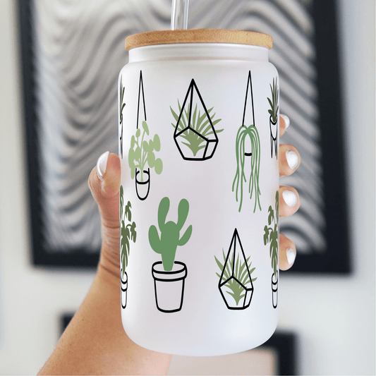 Greenery Plants Glass Can With Lid and Straw
