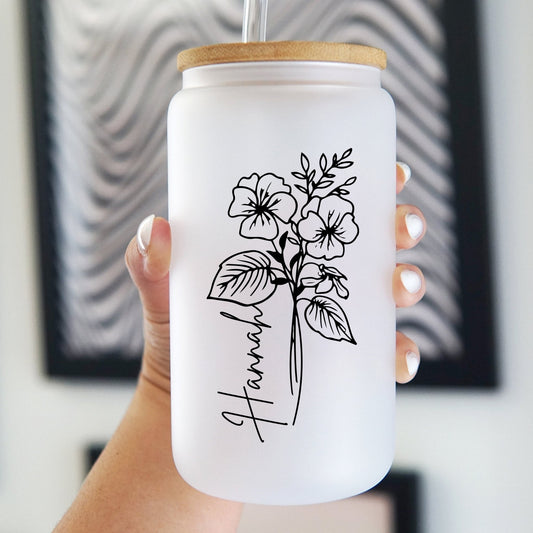 Modern Birth Flower Can Cup with Lid and Straw