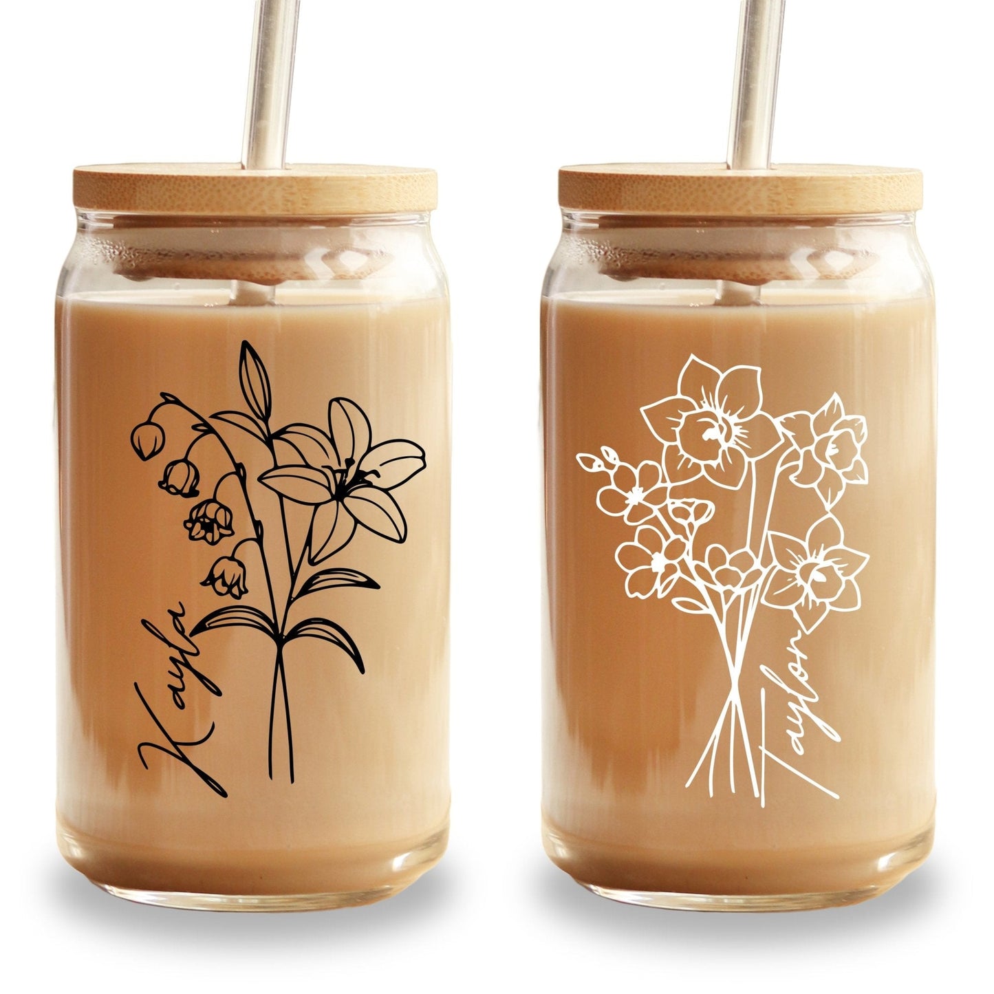Modern Birth Flower Can Cup with Lid and Straw