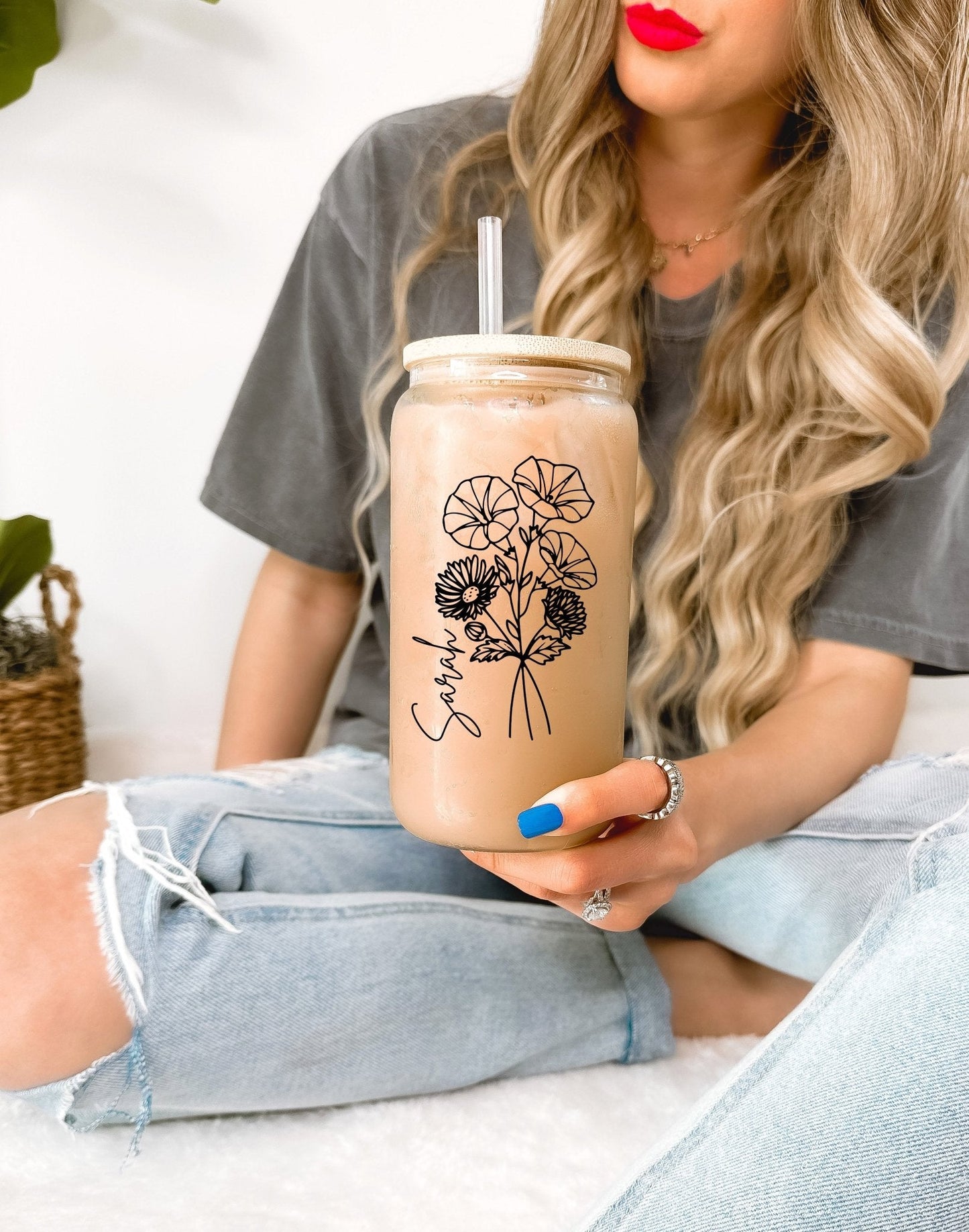 Modern Birth Flower Can Cup with Lid and Straw