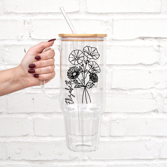 Personalized Birth Flower 40oz Glass or Plastic Tumbler With Lid and Straw